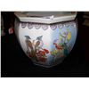 Image 1 : HAND PAINTED ASIAN PLANTER 12T X 13W WITH SCENES OF BIRDS ON OUTSIDE & KOI IN INTERIOR,