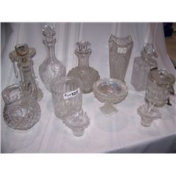 IMPORTANT (10) PIECE ASSORTED CUT CRYSTAL & GLASS ASSORTED LOT, INCLUDING DECANTERS, CANDLE HOLDERS+