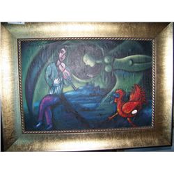 MARC CHAGALL (1887-1985) SIGNED ORIGINAL OIL ON CANVAS PAINTING IMAGE 15T X 22W . FRAMED 23 X 30