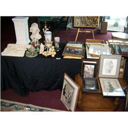 MASSIVE WHOLESALE DEALERS (45+) PIECE FRAMED ARTWORK & COLLECTIBLE LOT. EVERYTHING ON & UNDER TABLE