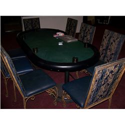 CUSTOM POKER TABLE WITH (8) LIKE NEW WROUGHT IRON UPHOLSTERED CHAIRS WITH CHIP SET & CARDS AS SHOWN