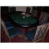 Image 1 : CUSTOM POKER TABLE WITH (8) LIKE NEW WROUGHT IRON UPHOLSTERED CHAIRS WITH CHIP SET & CARDS AS SHOWN