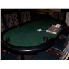 Image 2 : CUSTOM POKER TABLE WITH (8) LIKE NEW WROUGHT IRON UPHOLSTERED CHAIRS WITH CHIP SET & CARDS AS SHOWN