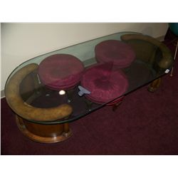 UNIQUE GLASS TOP COFFEE TABLE W/ (3) RED UPHOLSTERED MINI-STOOLS