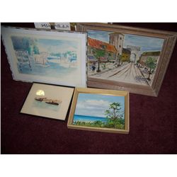 (4) PIECE ASSORTED FRAMED FINE ART LOT, INCLUDING PAINTING, SIGNED LITHO & MORE. AS SHOWN