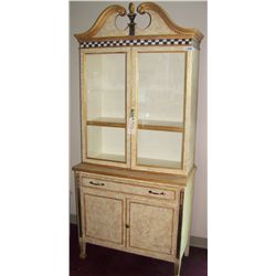 ANTIQUE REFURBISHED CREAM COLOR & CHECKERED CURIO CABINET W/ KEY