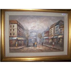 BURNETT EUROPEAN STREET SCENE. ORIGINAL OIL ON CANVAS, CUSTOM FRAMED 35T X46W