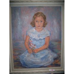 J. MILES SIGNED VINTAGE ORIGINAL OIL ON CANVAS FRAMED PAINTING. "YOUNG GIRL IN A BLUE DRESS"  36X30