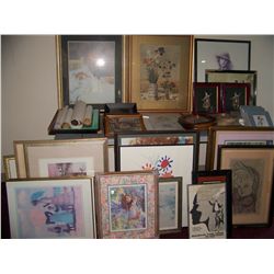 HUGE TABLE LOT OF +50 ASSORTED FRAMED & UNFRAMED WORKS OF ART INCLUDING PRINTS, PAINTINGS & MORE