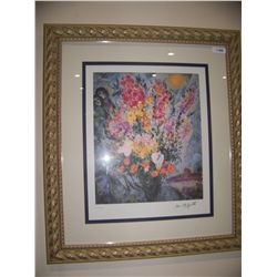 MARC CHAGALL "THE RED BOUQUET" #80/500  FACISIMLE SIGNED LITHOGRAPH, CUSTOM FRAMED W/ C.O.A