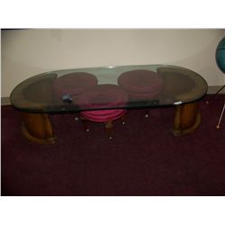 UNIQUE GLASS TOP COFFEE TABLE W/ (3) RED UPHOLSTERED MINI-STOOLS