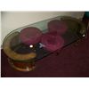 Image 2 : UNIQUE GLASS TOP COFFEE TABLE W/ (3) RED UPHOLSTERED MINI-STOOLS