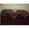 Image 3 : UNIQUE GLASS TOP COFFEE TABLE W/ (3) RED UPHOLSTERED MINI-STOOLS