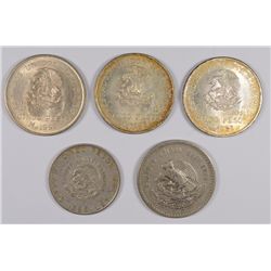 LOT OF 5 LARGE SILVER MEXICO COINS OLDER DATES