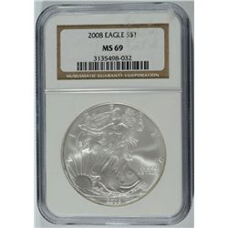 2008 SILVER AMERICAN EAGLE NGC MS-69
