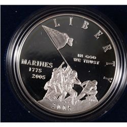 2005 MARINE CORPS SILVER DOLLAR PROOF, ORIGINAL BOX / CERT