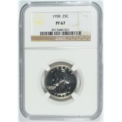 1958 WASHINGTON QUARTER, NGC PROOF-67