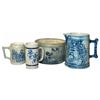 Image 1 : Stoneware Flemish butter crock, 2 mugs & pitcher (4), butter crock has hairline cracks w/chip on one
