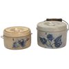 Image 1 : Stoneware butter crocks w/lids (2), Flemish floral pattern w/lid, VG cond w/sm chip on top of lid & 