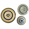 Image 1 : Stoneware lids (3), 1 gal button lid, Exc cond, blue-banded chamber lid w/bar handle, 2 sm repairs &