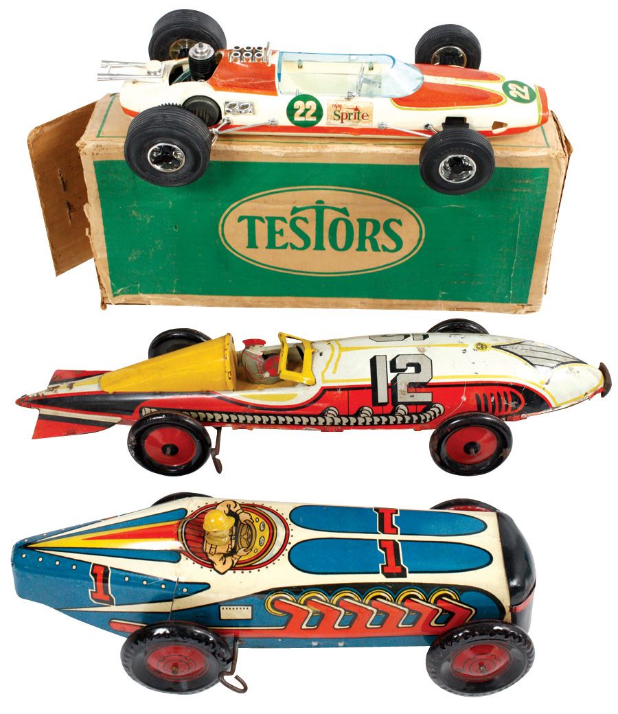 Toy race cars (3), Marx tin windups, Nos. 12 & 1 & Testors No. 22 w
