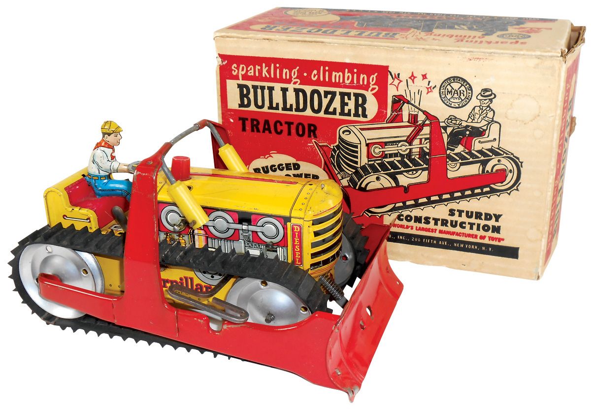 Toy bulldozer w/box, Marx Caterpillar bulldozer, tin windup, both toy ...