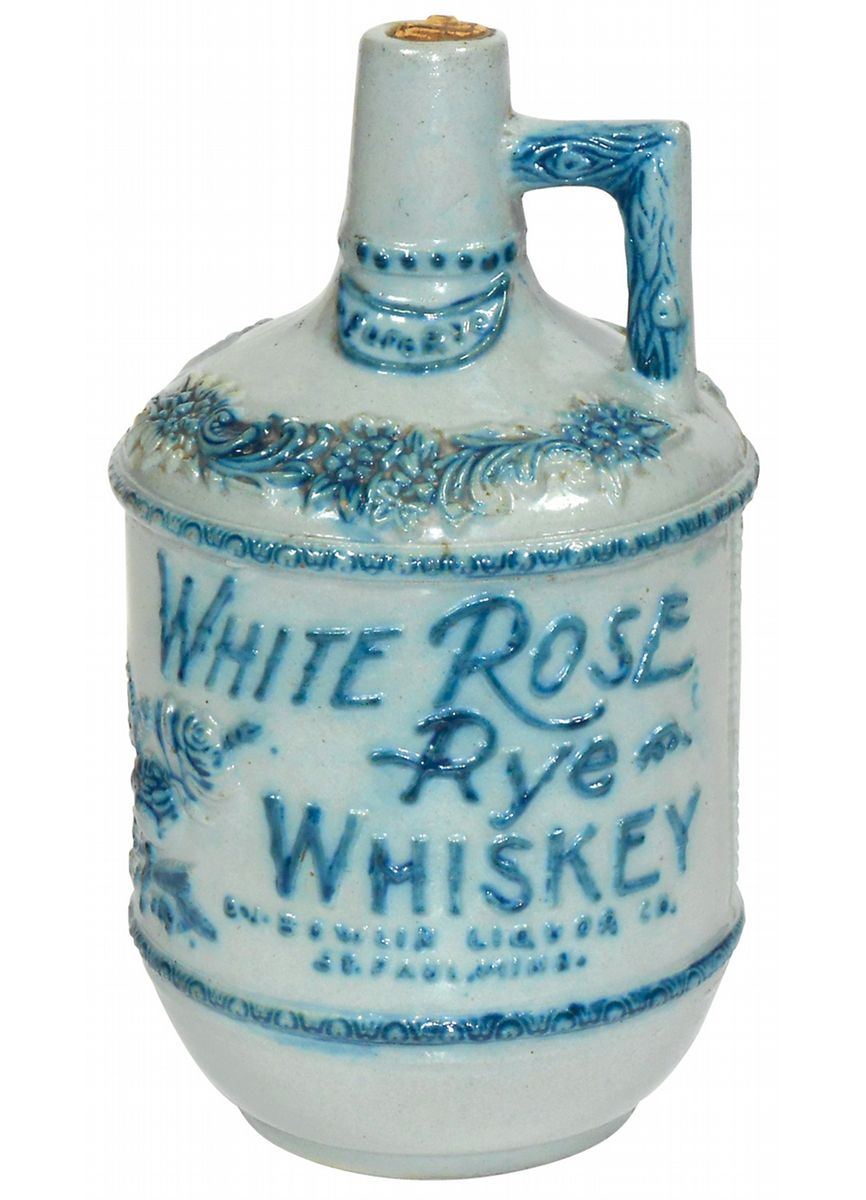 Stoneware advertising jug, White Rose Rye Whiskey, Bolin Liquor Co.St