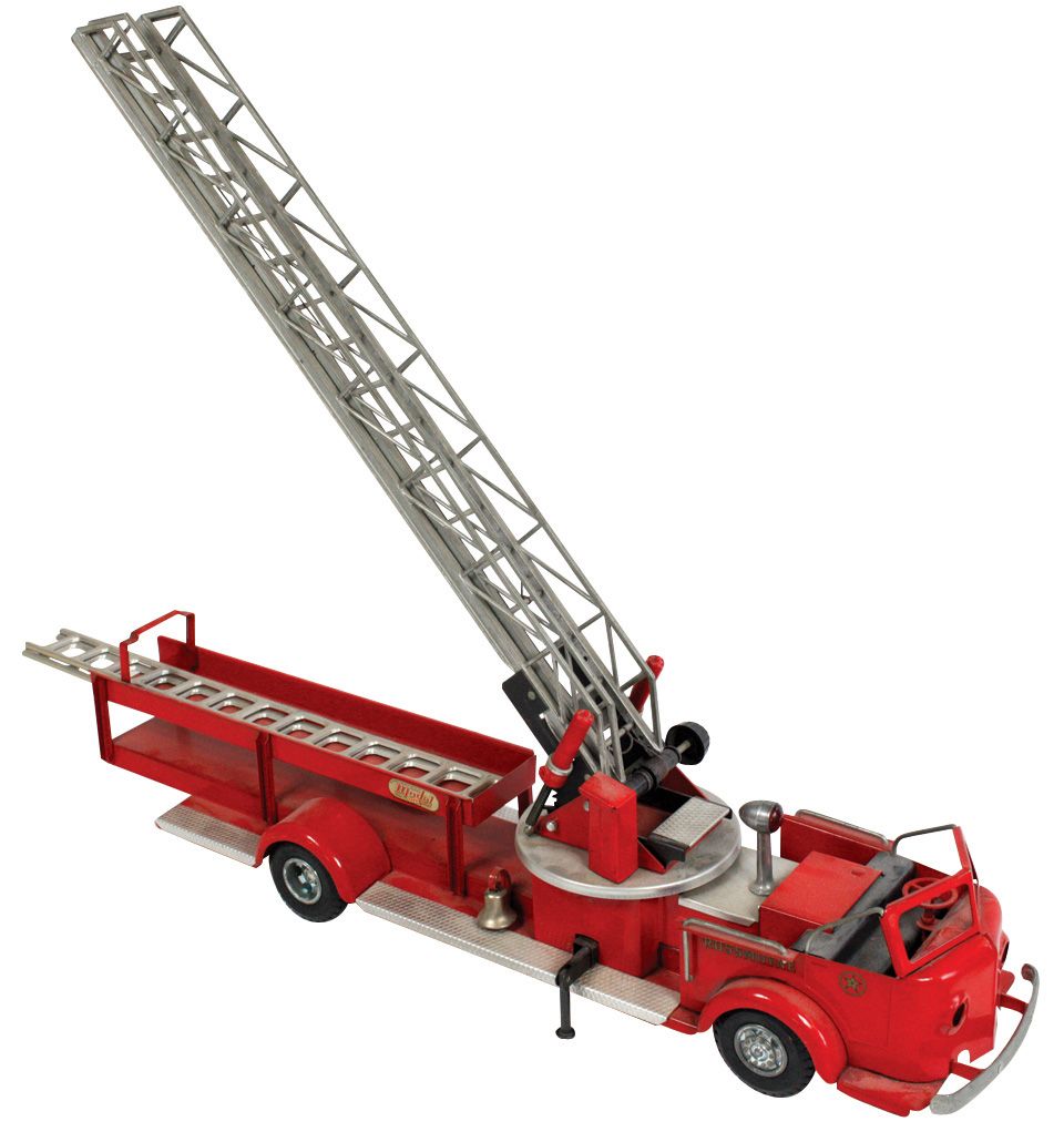 Toy fire truck, Doepke Model Toys Rossmoyne fire ladder truck, pressed