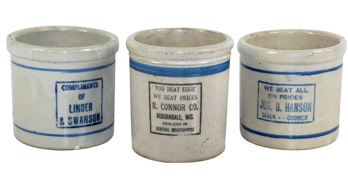 Stoneware advertising beater jars (3), R. Conner Co.Auburndale, Wis