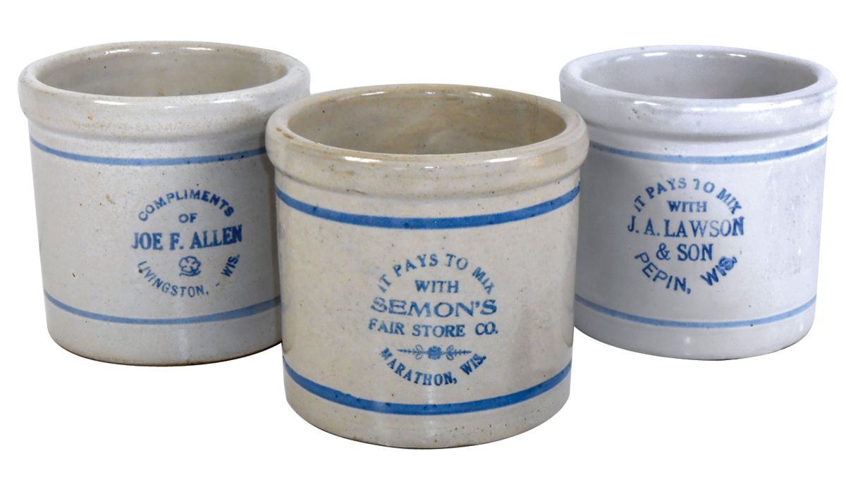 Stoneware advertising beater jars (3), Semon's Fair Store Co.Marathon