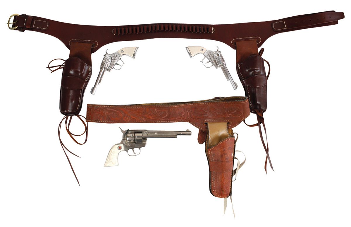 Toy cap gun sets (2), leather single holster set w/Hubley Cowboy gun ...