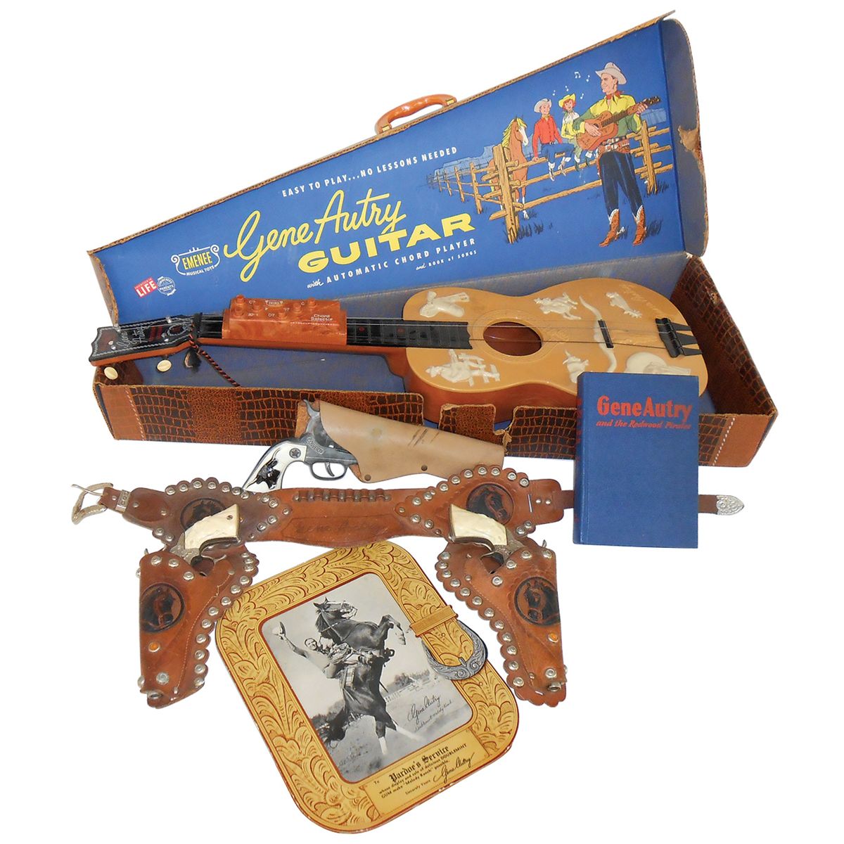 Western Toys 5 Gene Autry Plastic Guitar In Orig Box Gene Autry Leather Double Holster Set Wgen - 