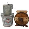 Image 1 : Kitchenware (3), table-top wood churn w/lid, Dandy 2-qt metal ice cream freezer & Red Stave Wheat Pa