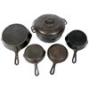 Image 1 : Kitchenware (5), cast iron Wagner Ware No. 8 Drip Drop Roaster w/lid, 6" fry pan, #3 & #4 skillets &