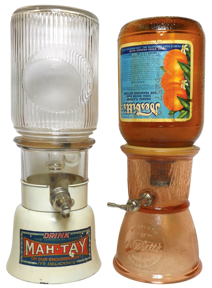 Soda fountain syrup dispensers (2), Nesbitt's pink glass w/Nesbitt's