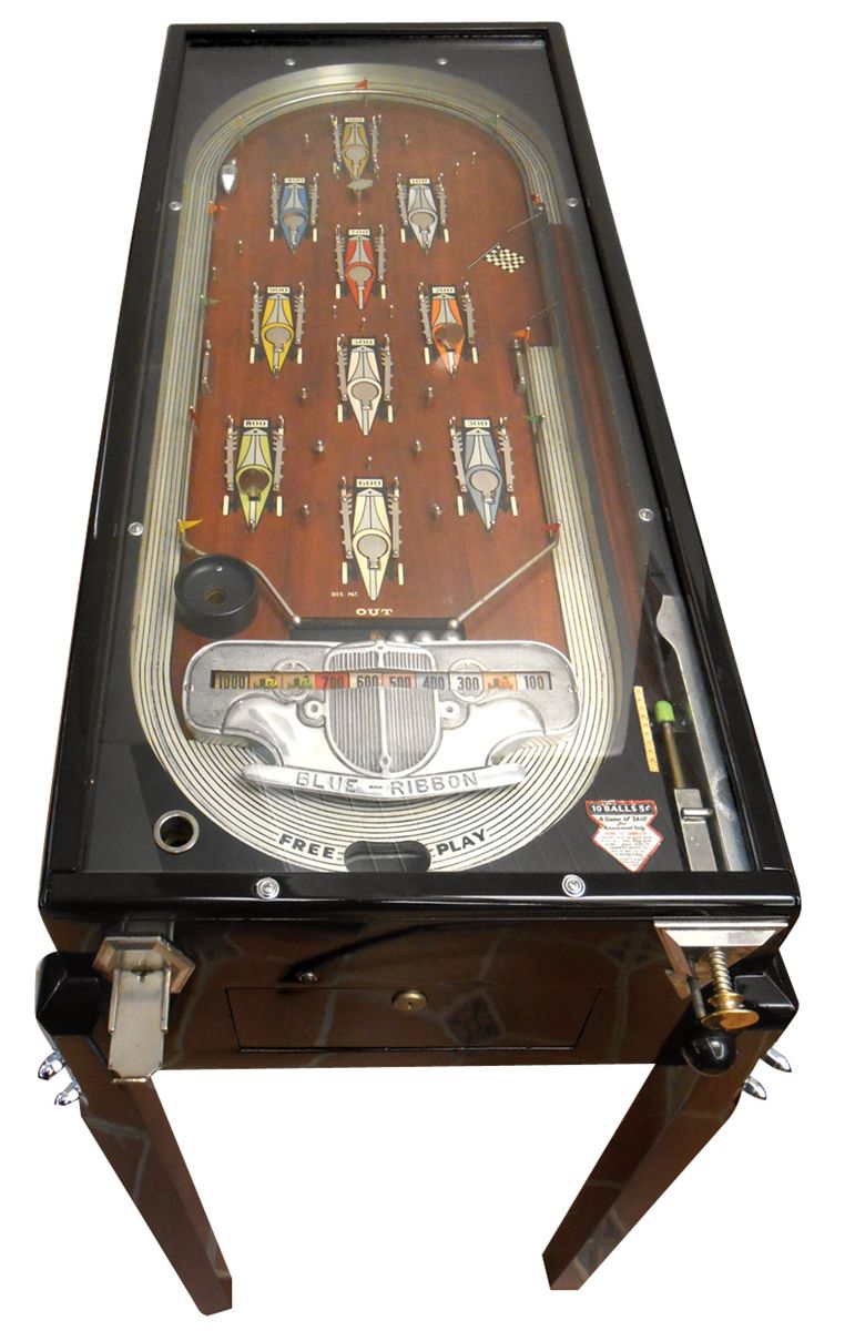 Coin-operated pinball machine, Blue Ribbon, race car theme, mechanical ...