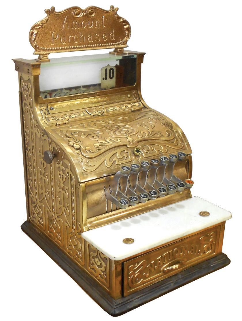 Cash Register Ringer Cash register, National, Model 180, yellow brass, rings up to $1.00 ...