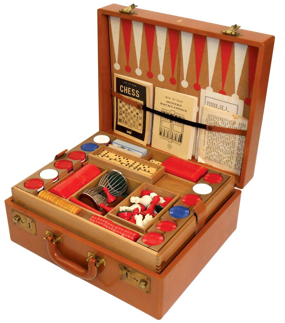 Gambling, traveling game kit in leather case marked Cross, contains ...