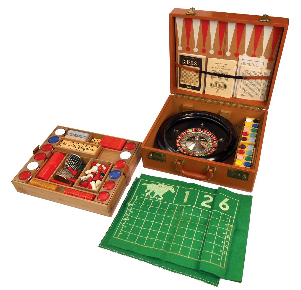 Gambling, traveling game kit in leather case marked Cross, contains ...
