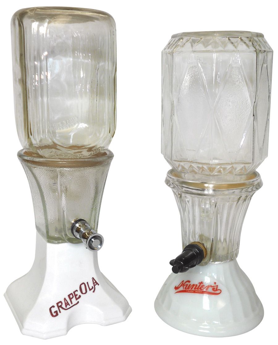 Soda fountain syrup dispensers (2), Grape Ola & Hunter's, both w/milk