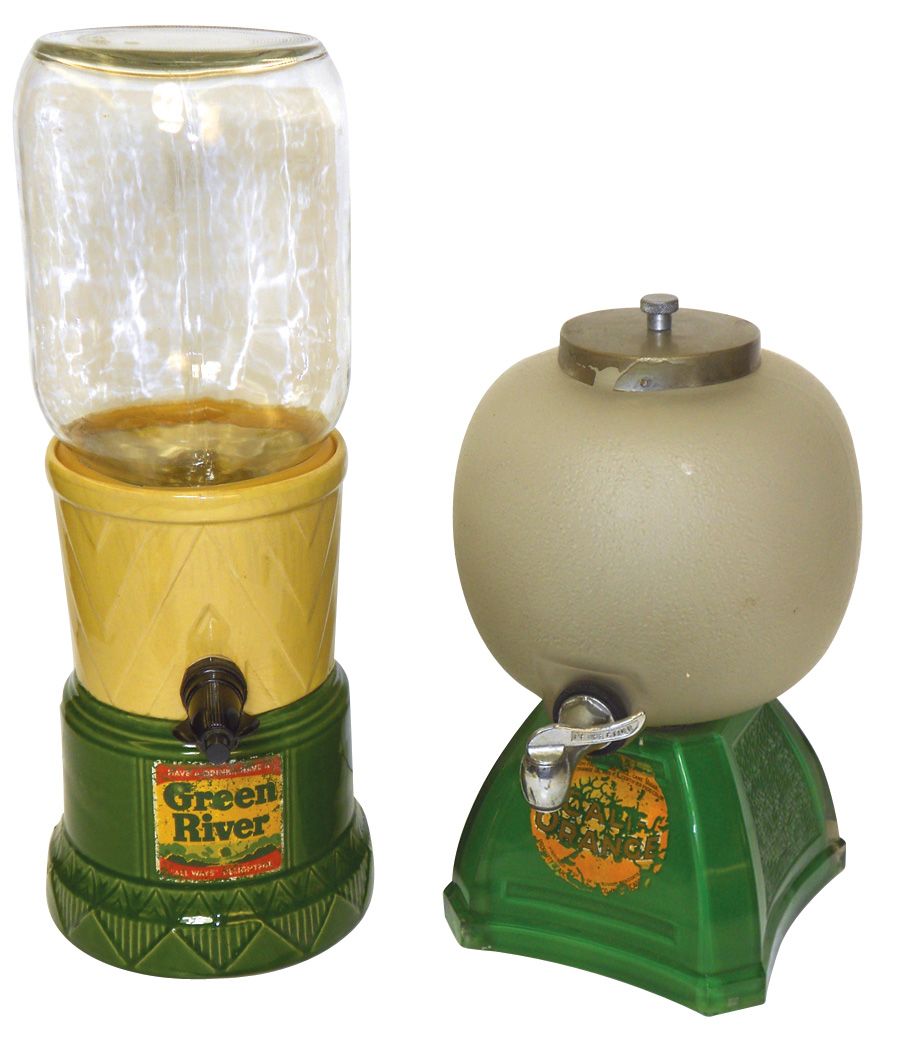 Soda fountain syrup dispensers (2), Green River, ceramic w/glass jug