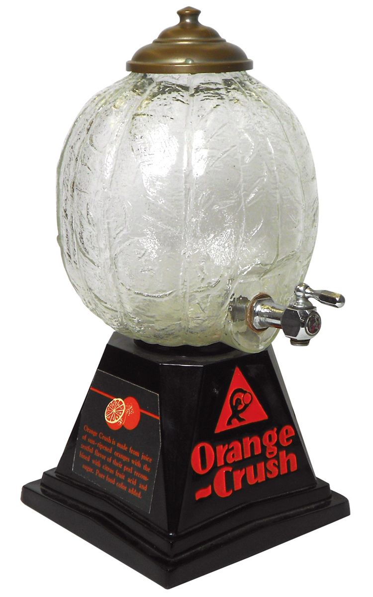 Soda fountain syrup dispensers (2), OrangeCrush textured glass globe w