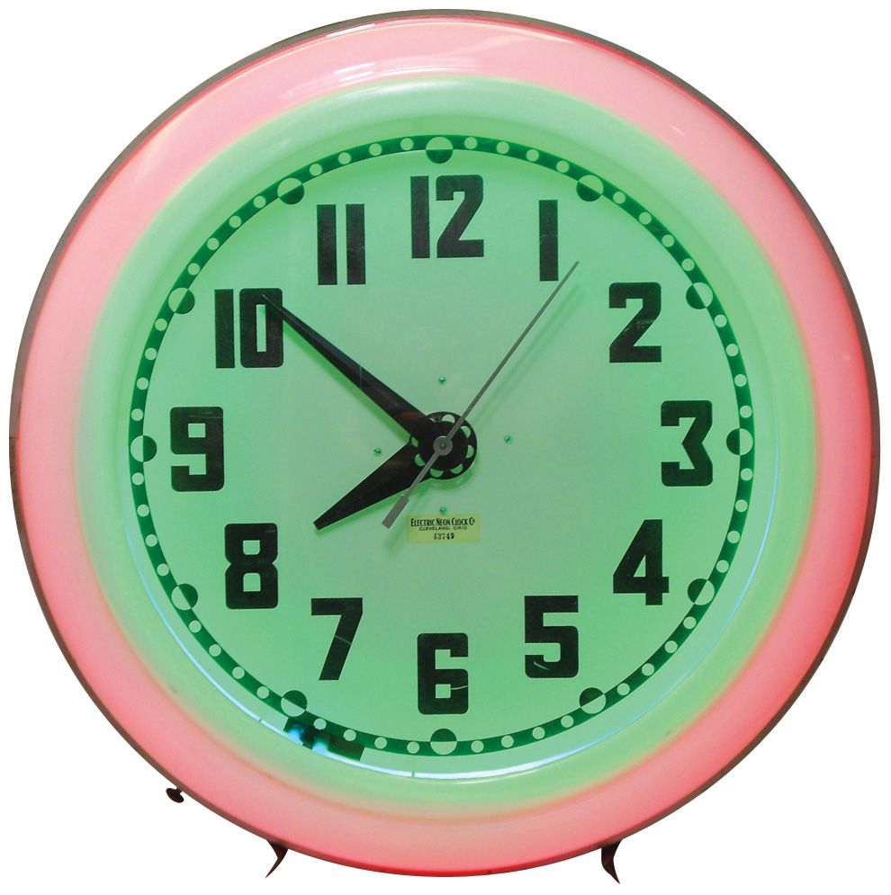Neon clock, mfgd by Electric Neon Clock Co., pink & green neon, Exc