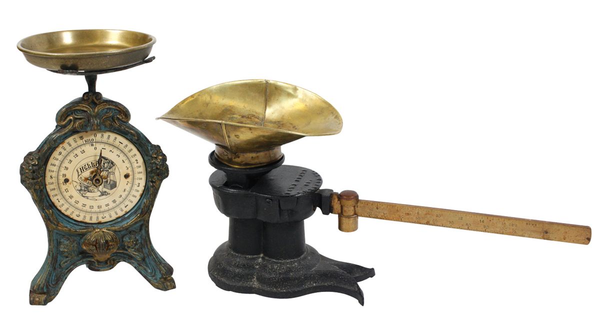 Country store scales (2), fancy cast iron w/paper dial marked Hella ...