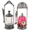 Image 1 : Pickle castors (2), Barbour Bros silver-plated holder w/cranberry thumbprint insert w/enameled flowe