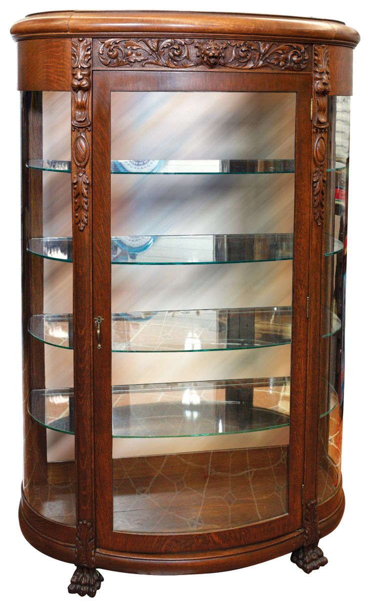 Furniture China Cabinet Oak W Fully Curved Glass Front Lion Head Image 1 Furniture China Cabinet Oak W Fully Curved Glass Front