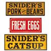 Image 1 : Advertising signs (3), Snider's Catsup, Snider's Pork & Beans & Fresh Eggs, all embossed metal, all 