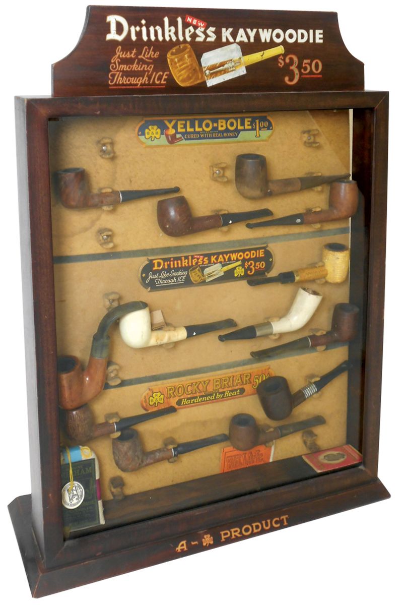 Tobacco store display, Drinkless Kaywoodie Pipes, slanted wood case w