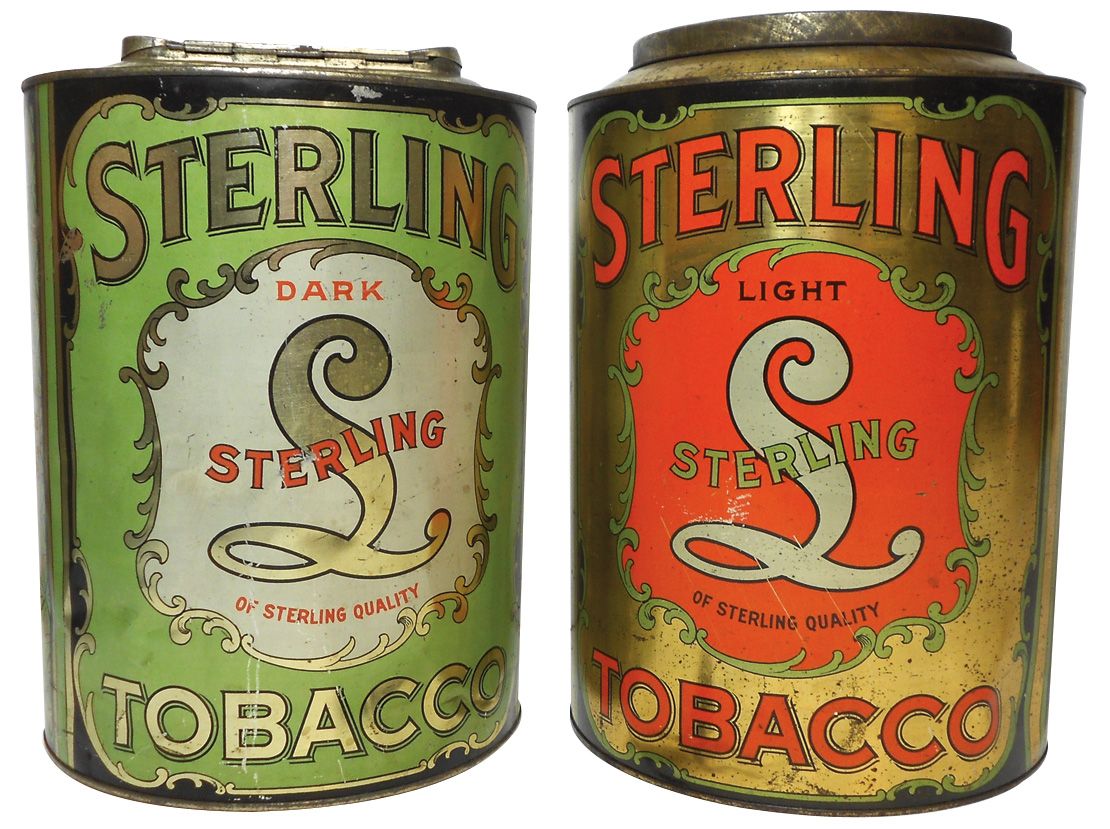 sterling tobacco tin Tobacco tins (2), Sterling Light & Sterling Dark, both litho on metal  w/hinged lids, VG cond & 11.5