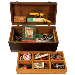 contents of an antique tackle box Vintage Boxes with assorted tackle KG Novelties This beautifully handcrafted storage box is a testament to quality American woodworking craftsmanship and built to last a lifetime Fishing, wood tackle box w/contents,